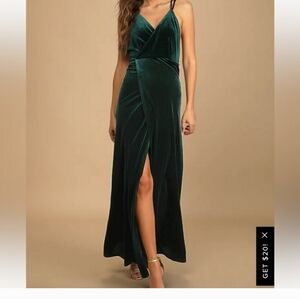Lulu's Emerald Green Velvet  Faux Wrap Maxi Dress